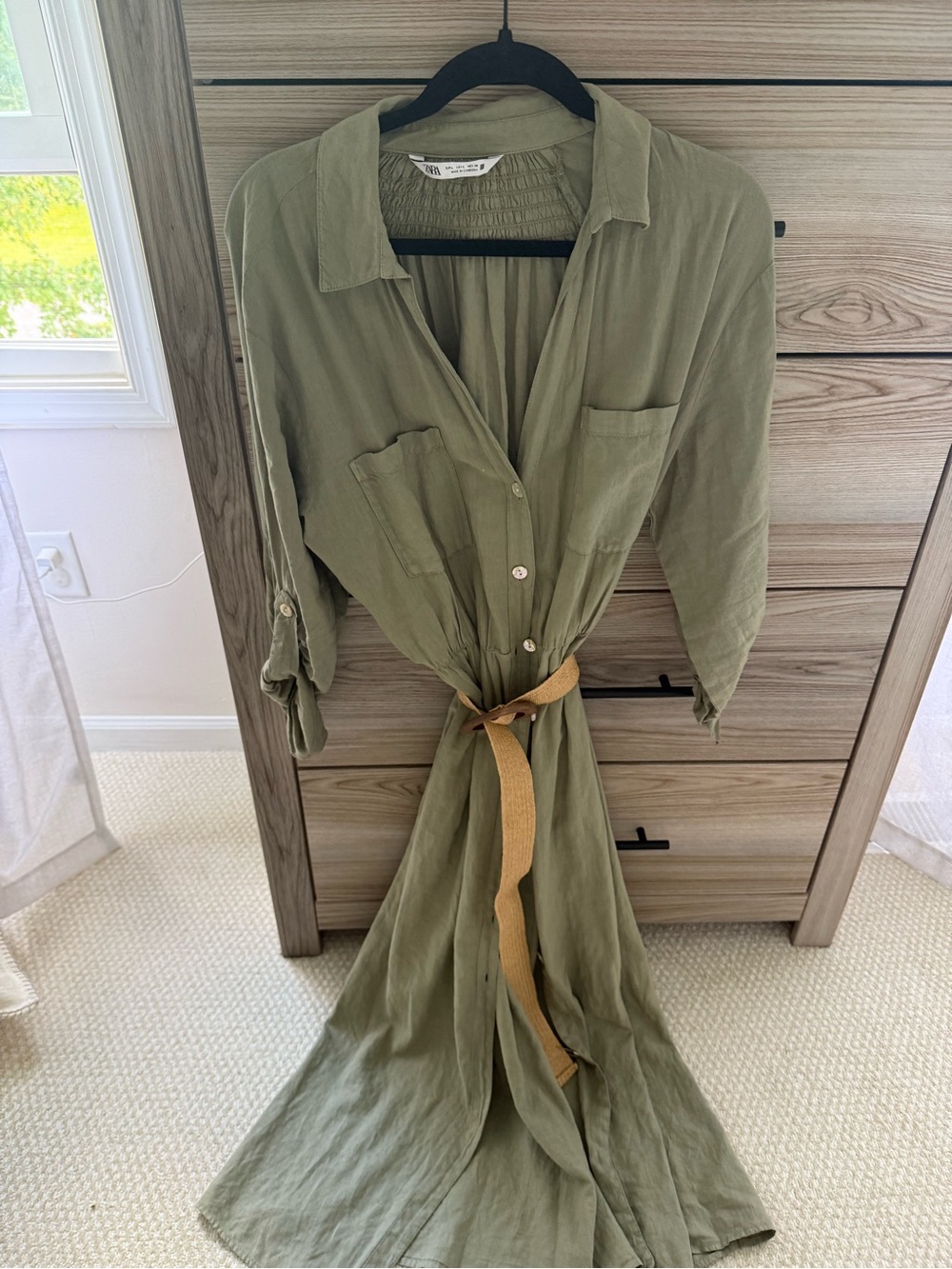 Zara Olive Maxi Button-Front Shirt Dress with Woven Belt